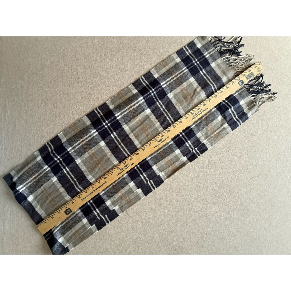 100% Cashmere Scarf Made in Scotland Navy Blue Grey Plaid Fringe Wrap
